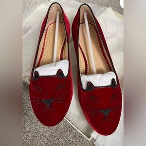 Charlotte Olympia Kitty Red Velvet Flats Loafers (36)